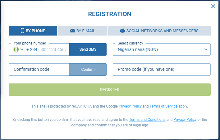 1xbet register page