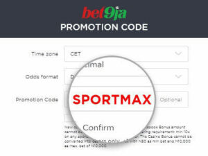 Registration form with pre-filled promo code SPORTMAX on Bet9ja site 