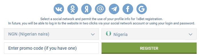 1xBet Social Networks Registration