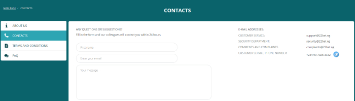 22bet Customer Service
