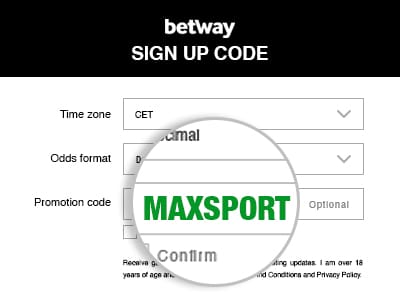 Screenshot of the Betway Sign up code field MAXSPORT code