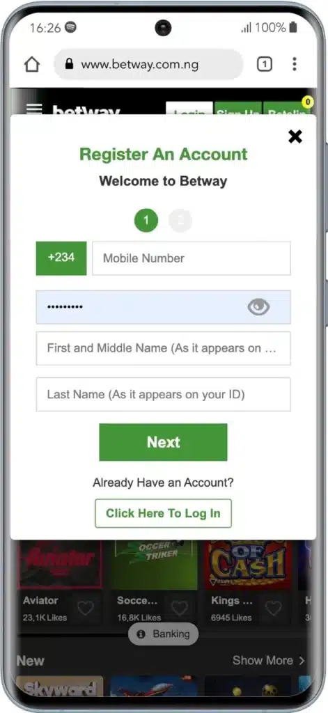 Betway Sign Up Step 1