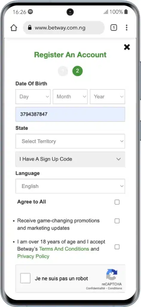 Betway Sign Up Step 2
