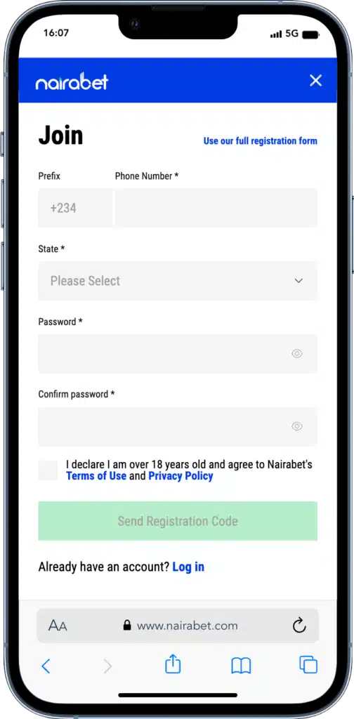 NairaBet Sign Up Form 