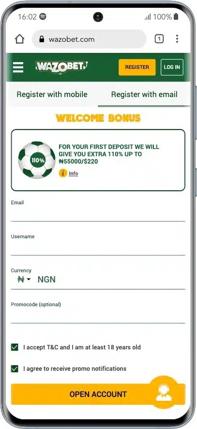 Wazobet Register with email