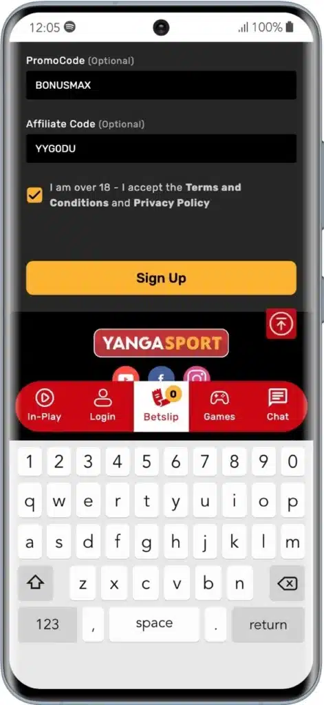 YangaSport Promo Code Field 