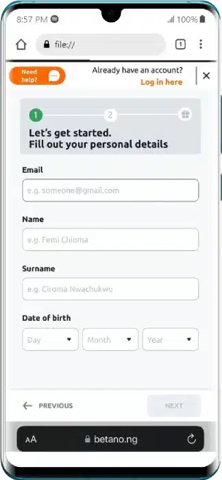 Betano Sign Up Step 1