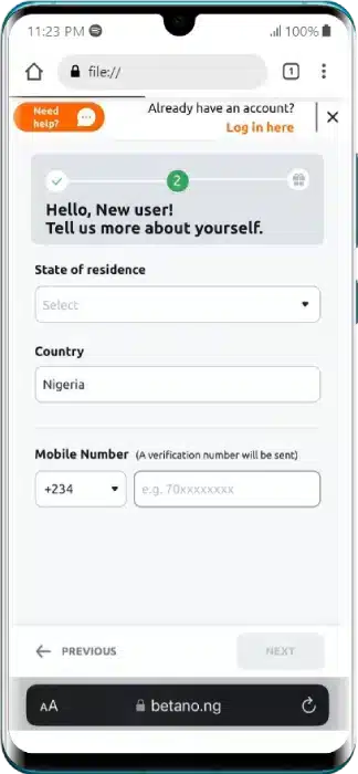 Betano Sign Up Step 2